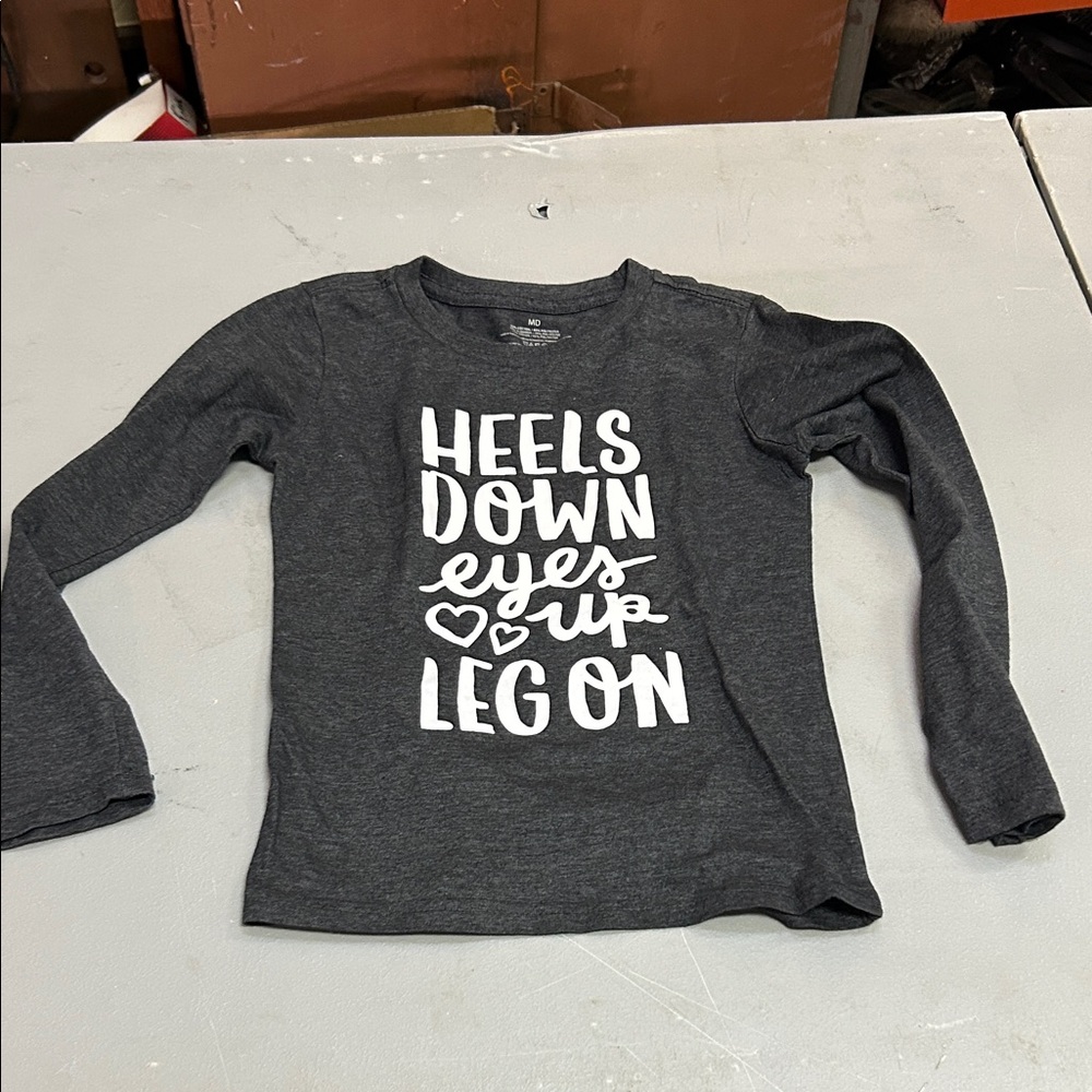 (🍒6 For $20) Kids Long Sleeve MediumTee with Heels Down Eyes Up And Leg On Print